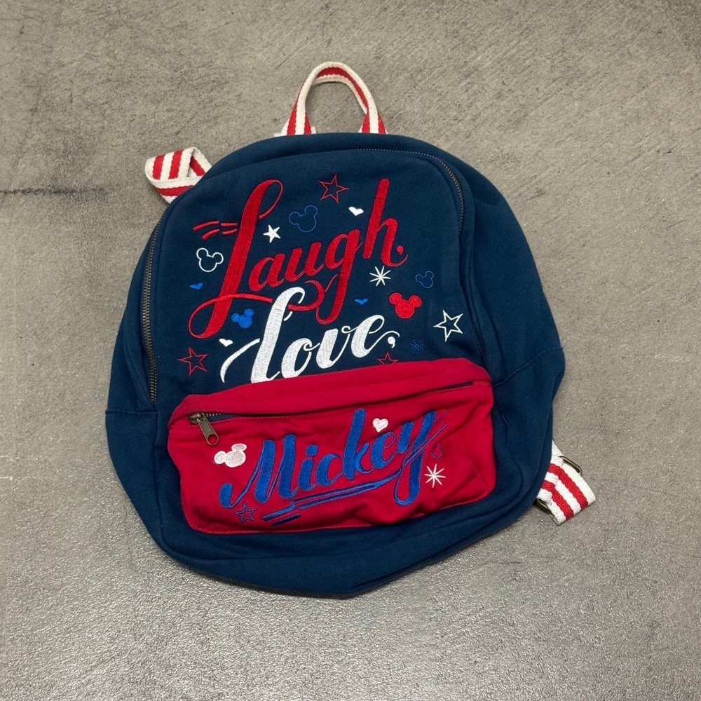 Disney Parks Mickey Mouse Laugh Love Backpack Navy Blue Stars Stripes Canvas
